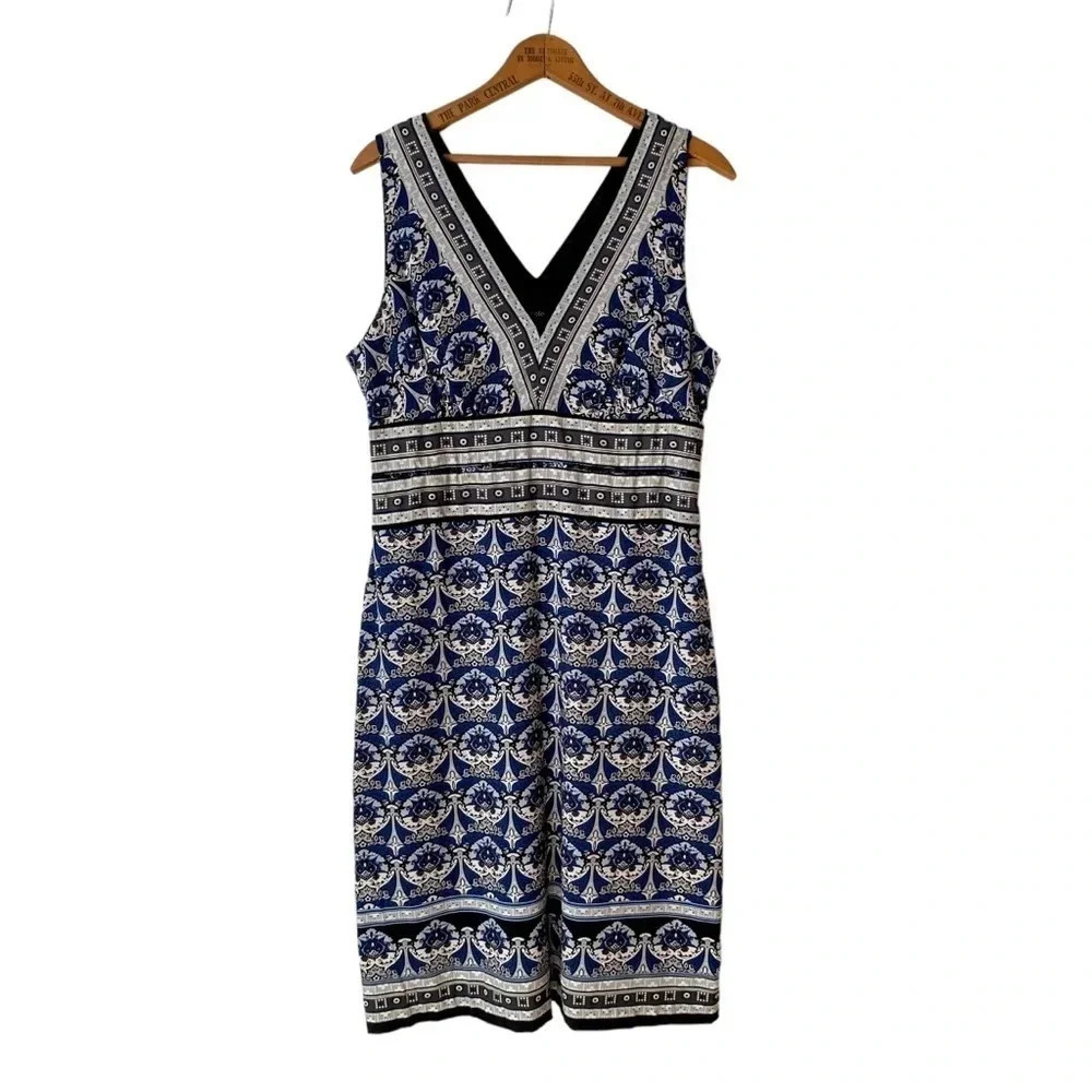Nicole by Nicole Miller Blue White Sequin V Neck Midi Dress 12